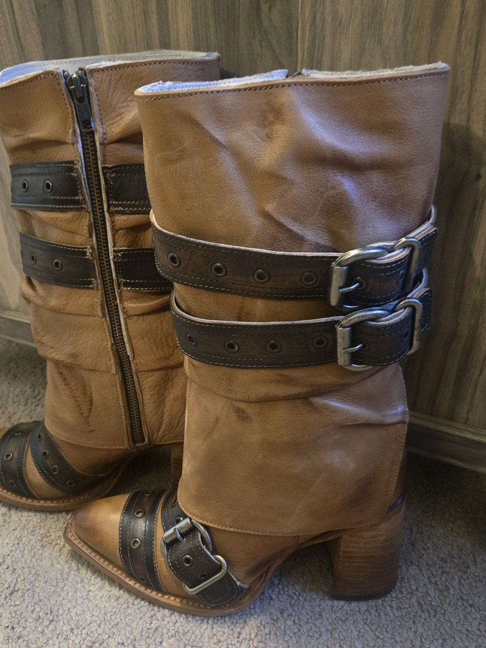 Freebird Jermaine Tan Leather Mid-Calf Buckle Boots - Women